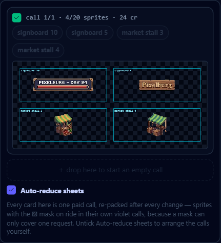 One card per pending call: its tick and price, its sprites as chips, and the packed layout it will send.