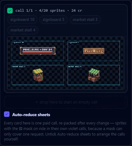One card per pending call: its tick and price, its sprites as chips, and the packed layout it will send.