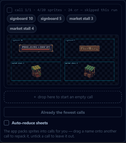With Auto-reduce unticked the names become draggable again, the ＋ strip goes live, and the panel's own Repack button reports whether a smaller pack exists.