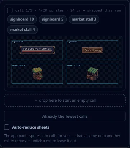 With Auto-reduce unticked the names become draggable again, the οΌ strip goes live, and the panel's own Repack button reports whether a smaller pack exists.