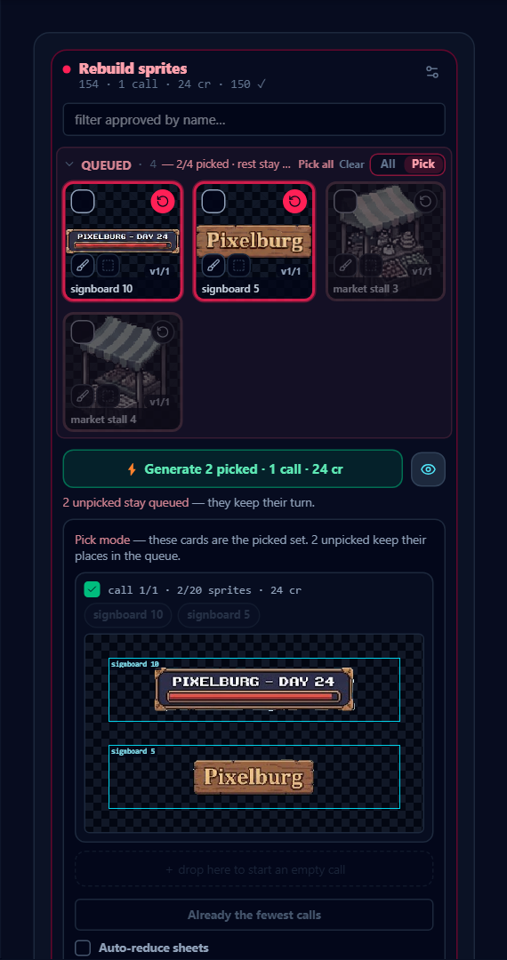 Pick mode: unpicked tiles dim, the header counts the picked ones, and both the money line and the Calls panel price only what is lit.