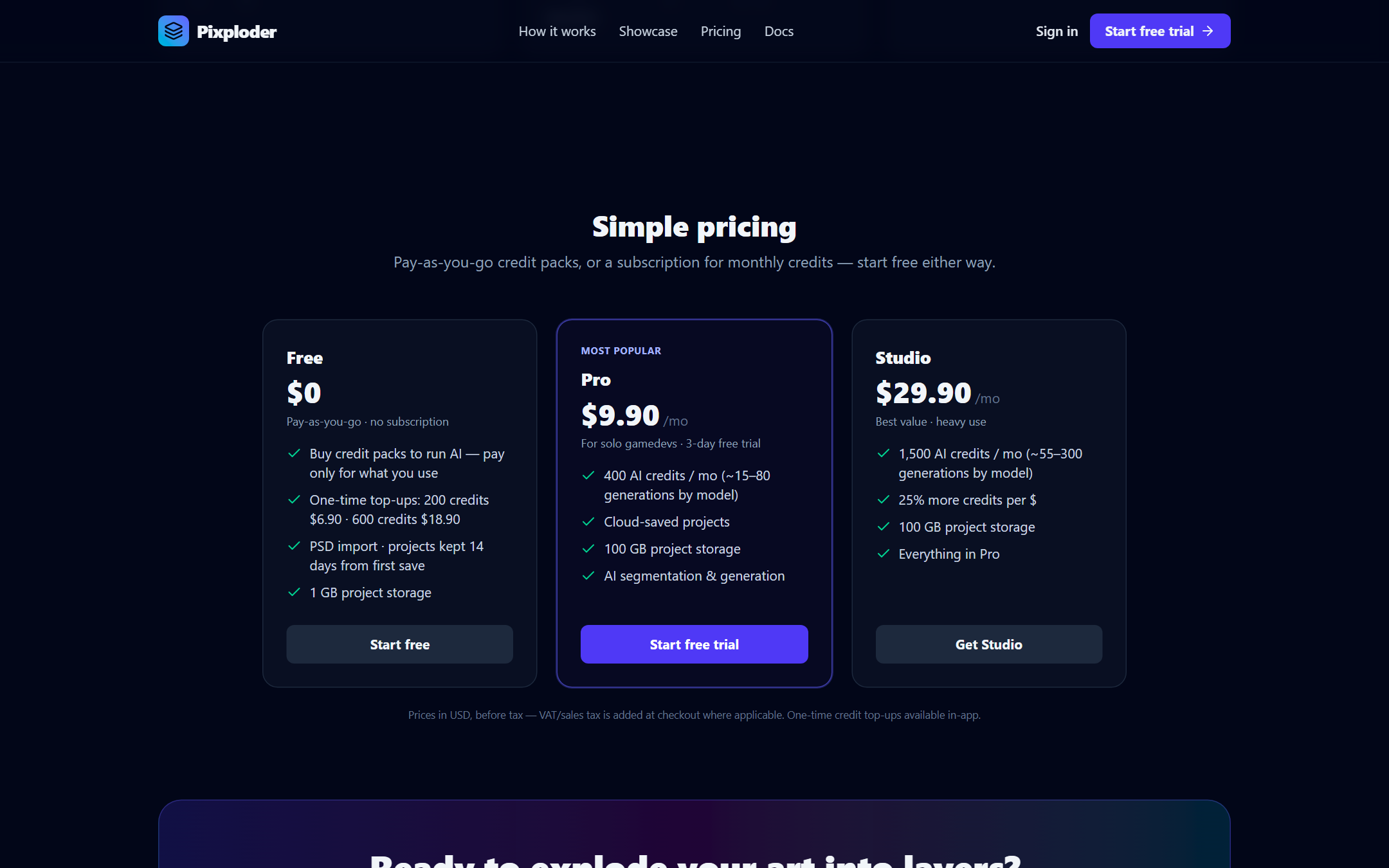 The Simple pricing section on the landing page, with the Free, Pro and Studio cards.