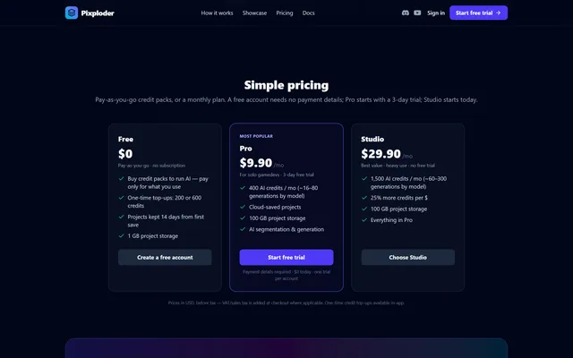 The Simple pricing section on the landing page, with the Free, Pro and Studio cards.