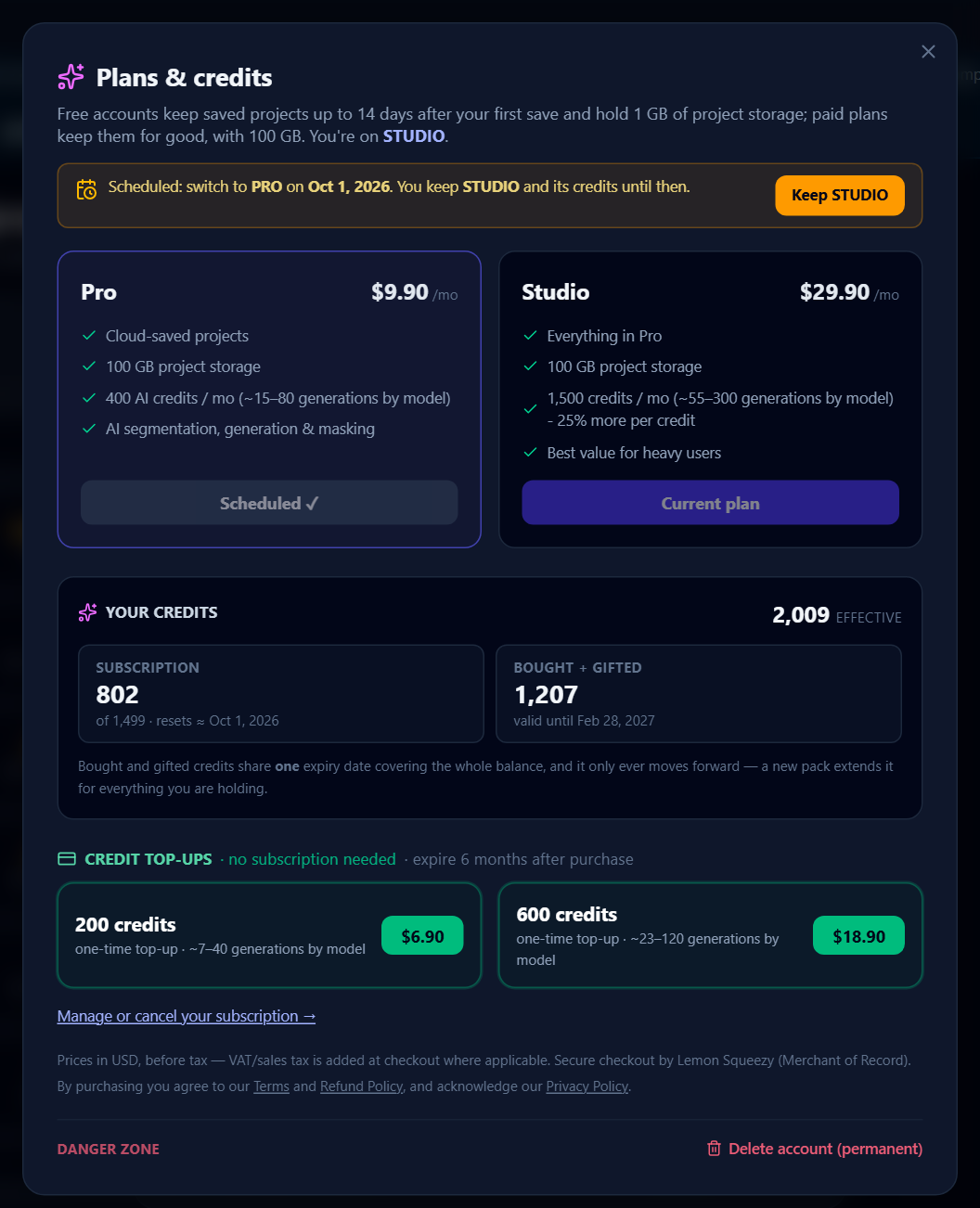 The Plans & credits modal, with the Pro and Studio cards.