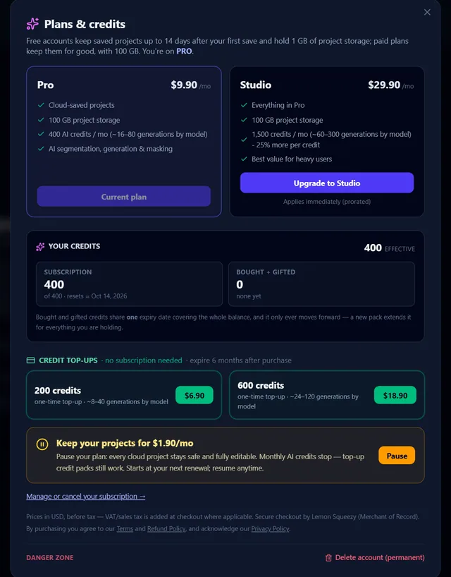 The Plans & credits modal, with the Pro and Studio cards.