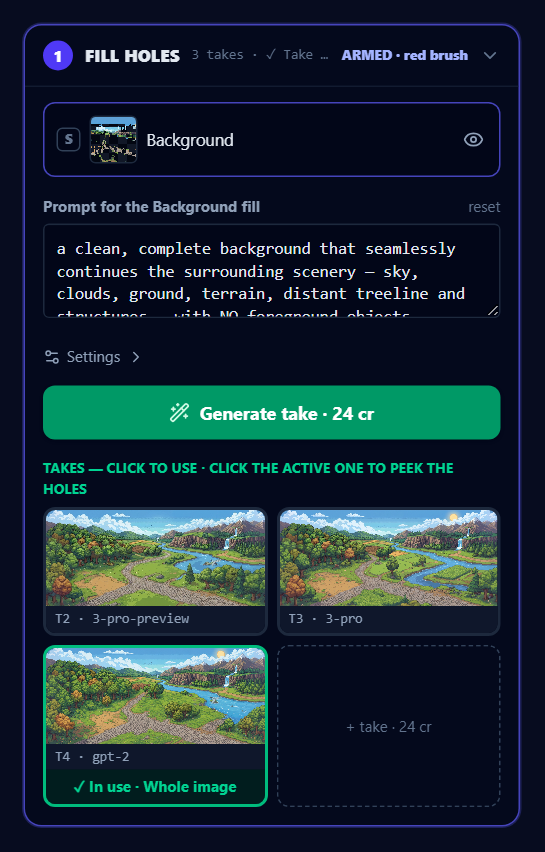 The FILL HOLES stage in Step 4, with the price on the Generate take button.