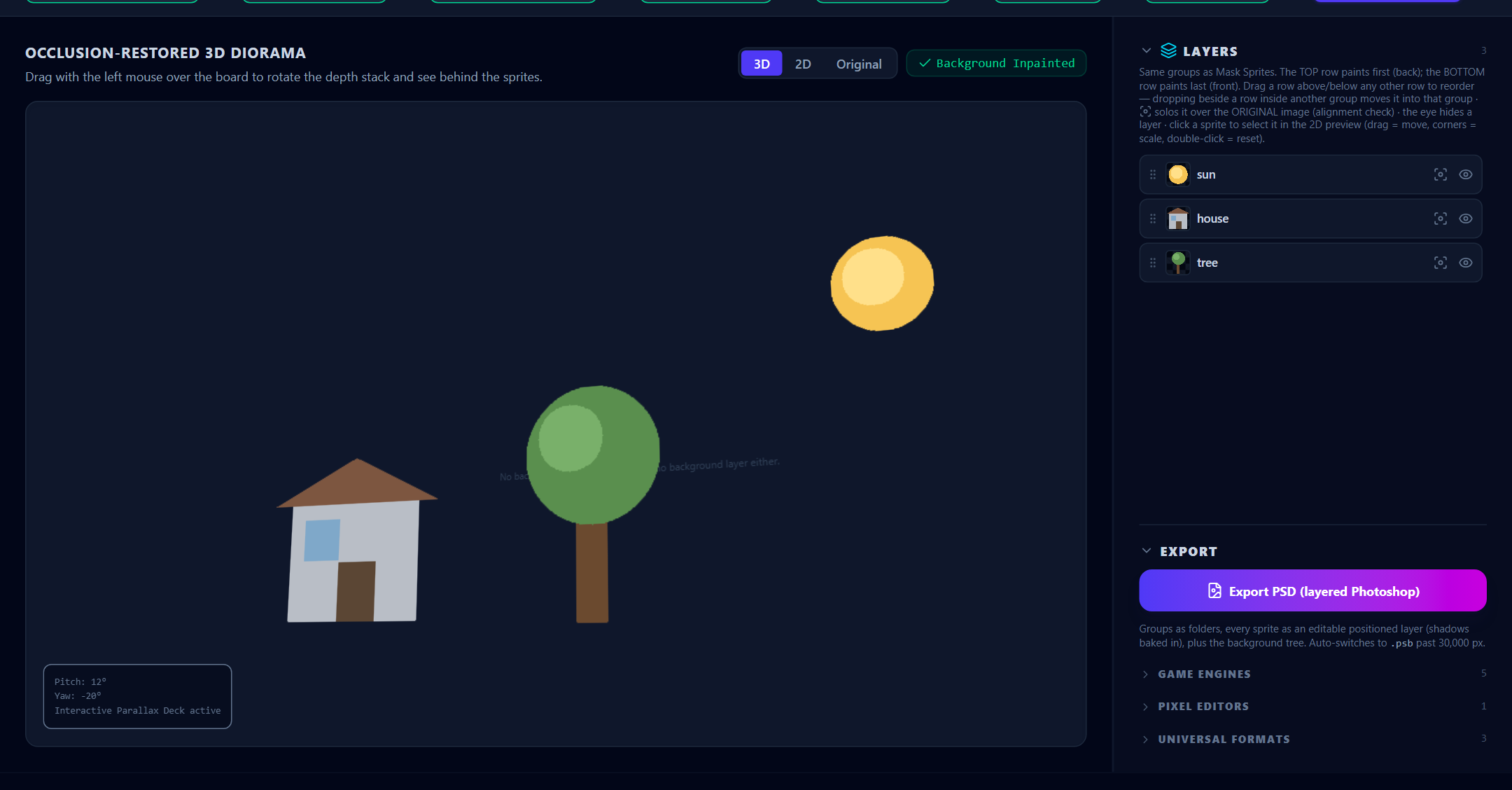 The baked chip in the preview header tells you whether textures will export with nearest or linear filtering.