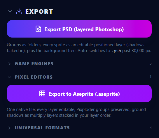 The Pixel editors section holds the single Aseprite button.
