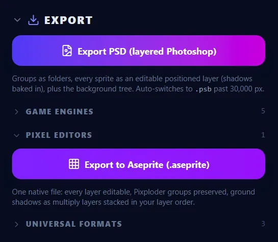 The Pixel editors section holds the single Aseprite button.