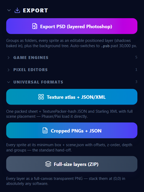 The three universal formats, with the engine and editor sections folded.