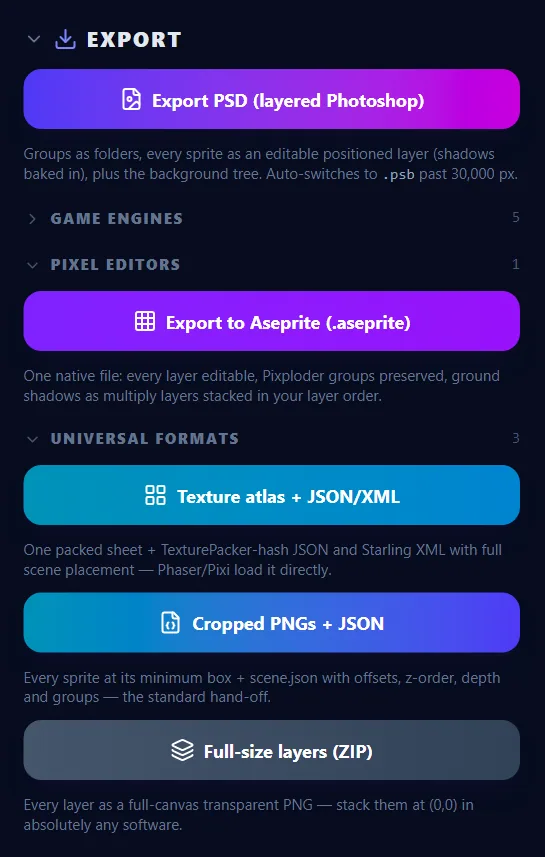The Export panel: the layered PSD on top, then Game engines, Pixel editors and Universal formats with their counts.