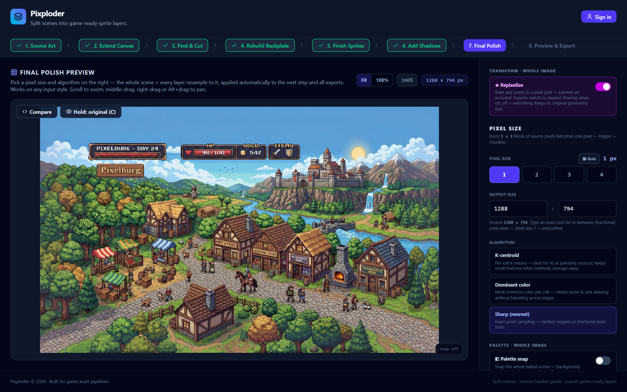 Step 7: the Final Polish Preview on the left, the Repixelize and palette racks on the right.