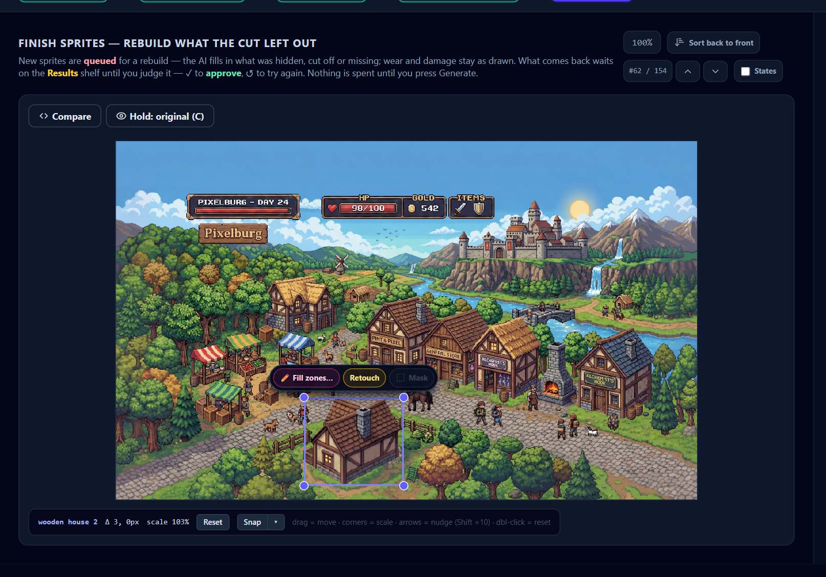 The Step 5 placement readout spells out the pointer and keyboard gestures for the selected sprite.