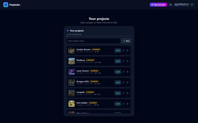 The Projects panel: storage at the top, every saved project underneath.