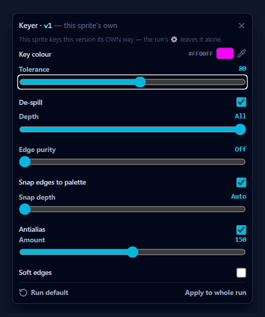 Touch any control and this version is on its own keyer — the header says so, Run default lights up, and the run's ⚙ will leave it alone.