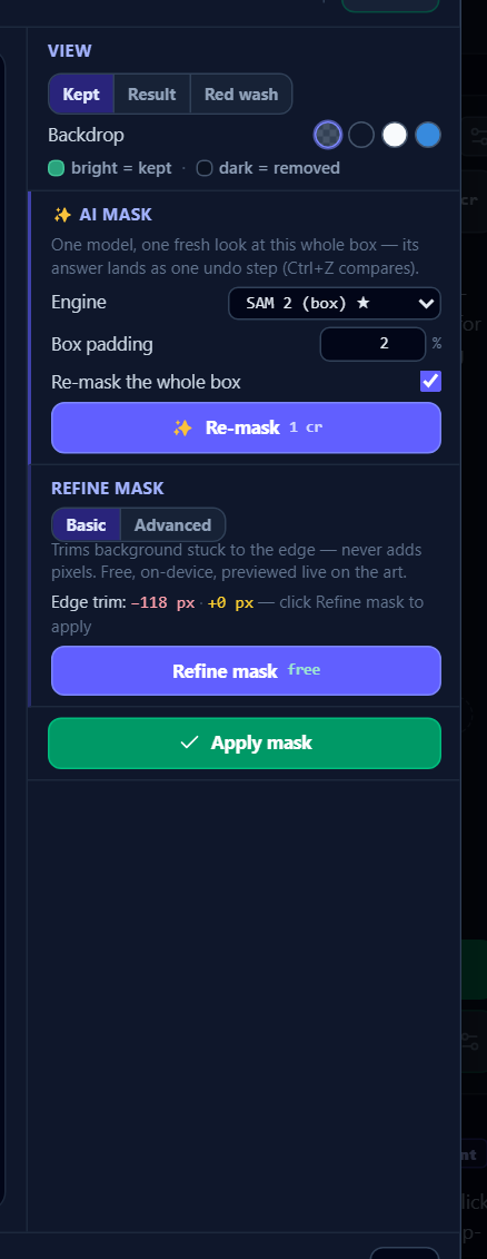 The mask column: View over ✨ AI mask and Refine mask, with Apply mask pinned at the foot.