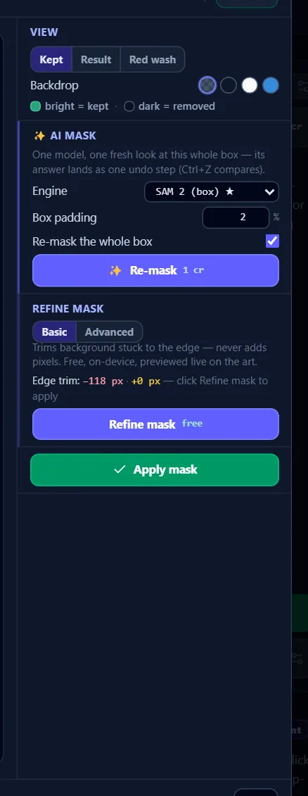 The mask column: View over ✨ AI mask and Refine mask, with Apply mask pinned at the foot.