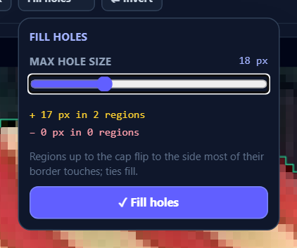 The Fill holes panel: the Max hole size cap over the amber and rose counts that legend the preview on the art.
