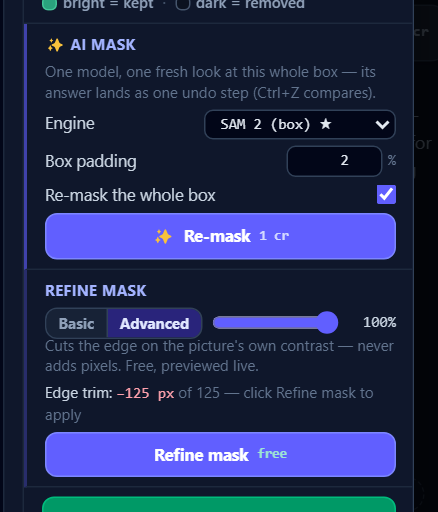 Refine mask on its Advanced engine: the Basic | Advanced strip, the strength dial and the counts the rose preview is legending.