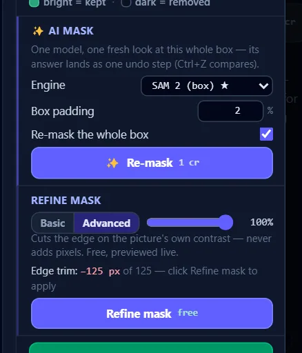 Refine mask on its Advanced engine: the Basic | Advanced strip, the strength dial and the counts the rose preview is legending.