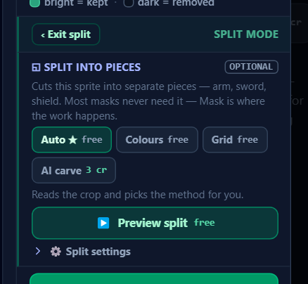 The ◱ Split card before a carve: four algorithms, each chip wearing its own price, and nothing created until you press the shears.