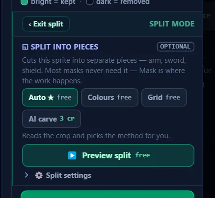 The ◱ Split card before a carve: four algorithms, each chip wearing its own price, and nothing created until you press the shears.