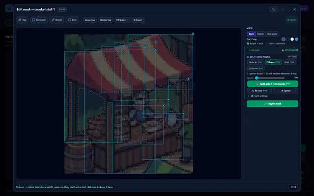 A split preview: cyan rectangles are the sprites the shears would cut, and the card counts them before anything is created.