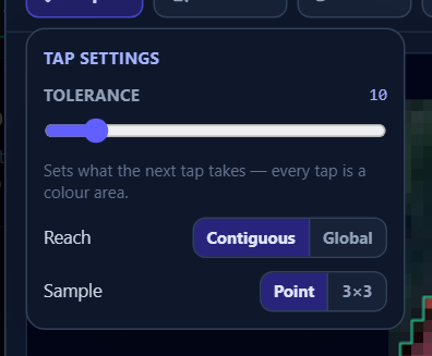 Tap settings: the tolerance slider with its live hint, plus the Reach and Sample switches.