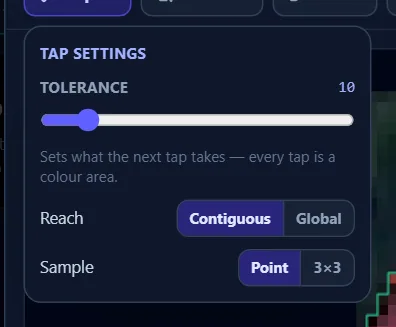 Tap settings: the tolerance slider with its live hint, plus the Reach and Sample switches.