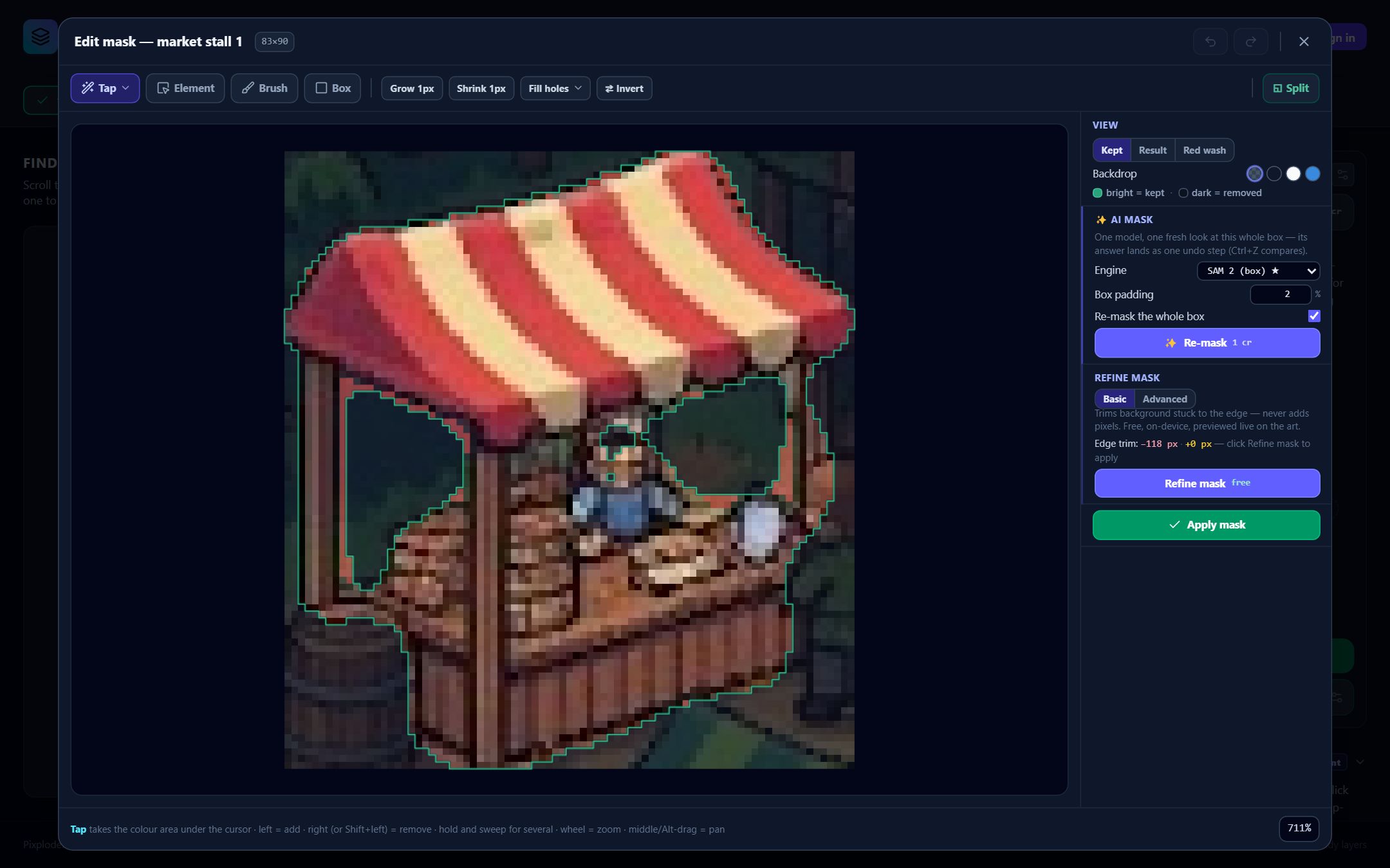 The mask editor open on one element: the zoomable canvas with the toolbar above it, and the View, AI mask and Refine mask column on the right over its Apply mask footer.