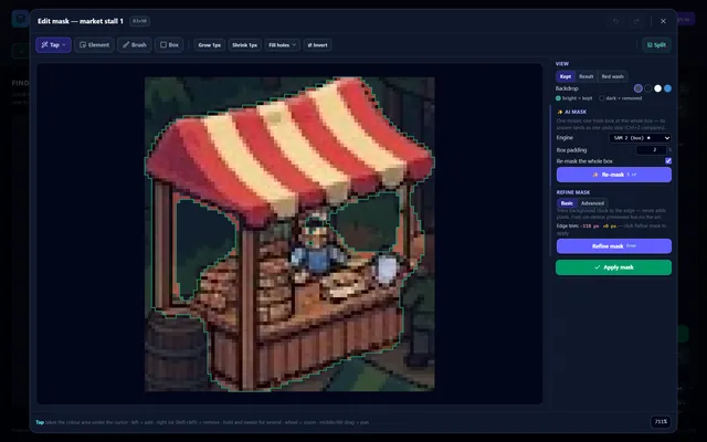 The mask editor open on one element: the zoomable canvas with the toolbar above it, and the View, AI mask and Refine mask column on the right over its Apply mask footer.