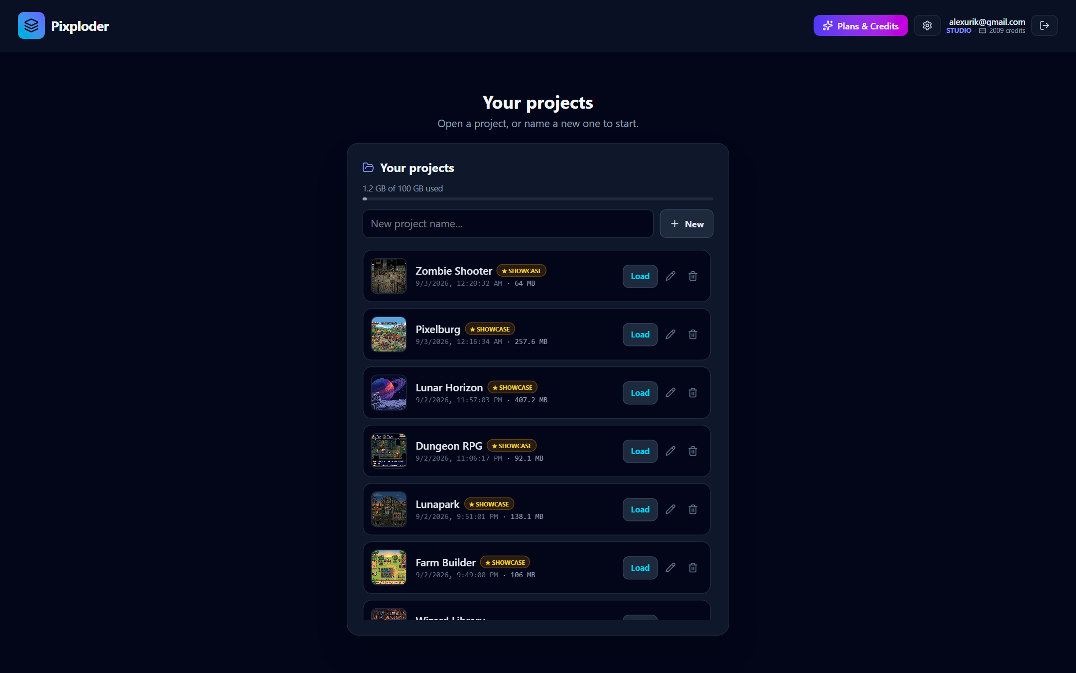 The project-first gate you reach after signing in, where you open or name a project before the editor loads.