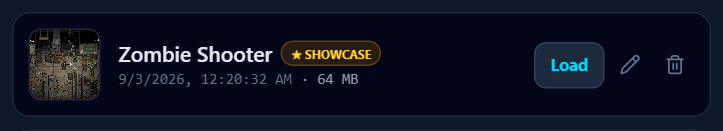 One project row: thumbnail, name, last save time, its stored size, and the Load, rename and delete controls.