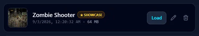 One project row: thumbnail, name, last save time, its stored size, and the Load, rename and delete controls.