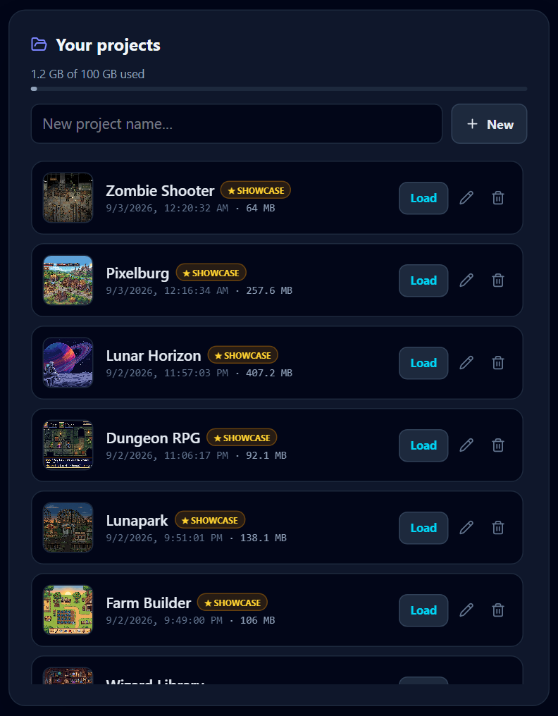 The Projects panel, with the storage line, the create row, and one row per saved project.