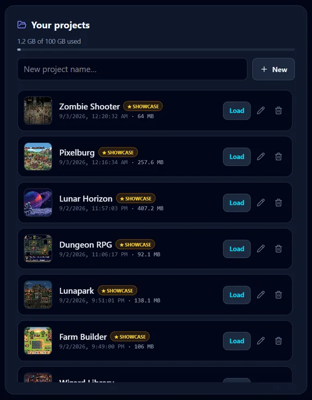 The Projects panel, with the storage line, the create row, and one row per saved project.