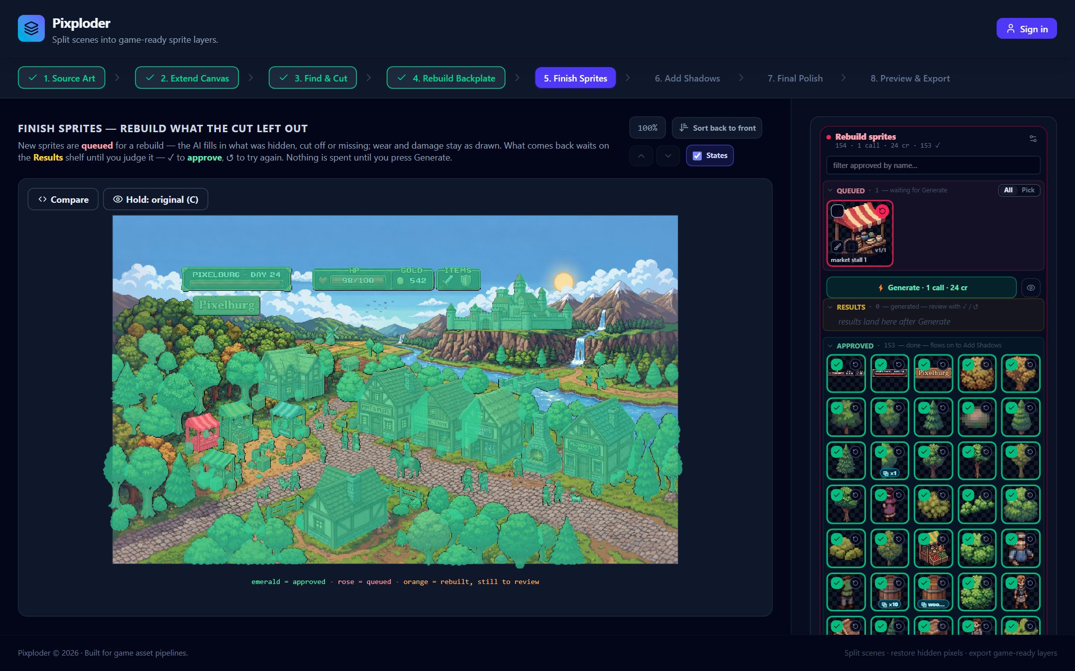 Step 5 with one sprite queued again: rose on the artwork, one priced call in the panel, everything else approved.
