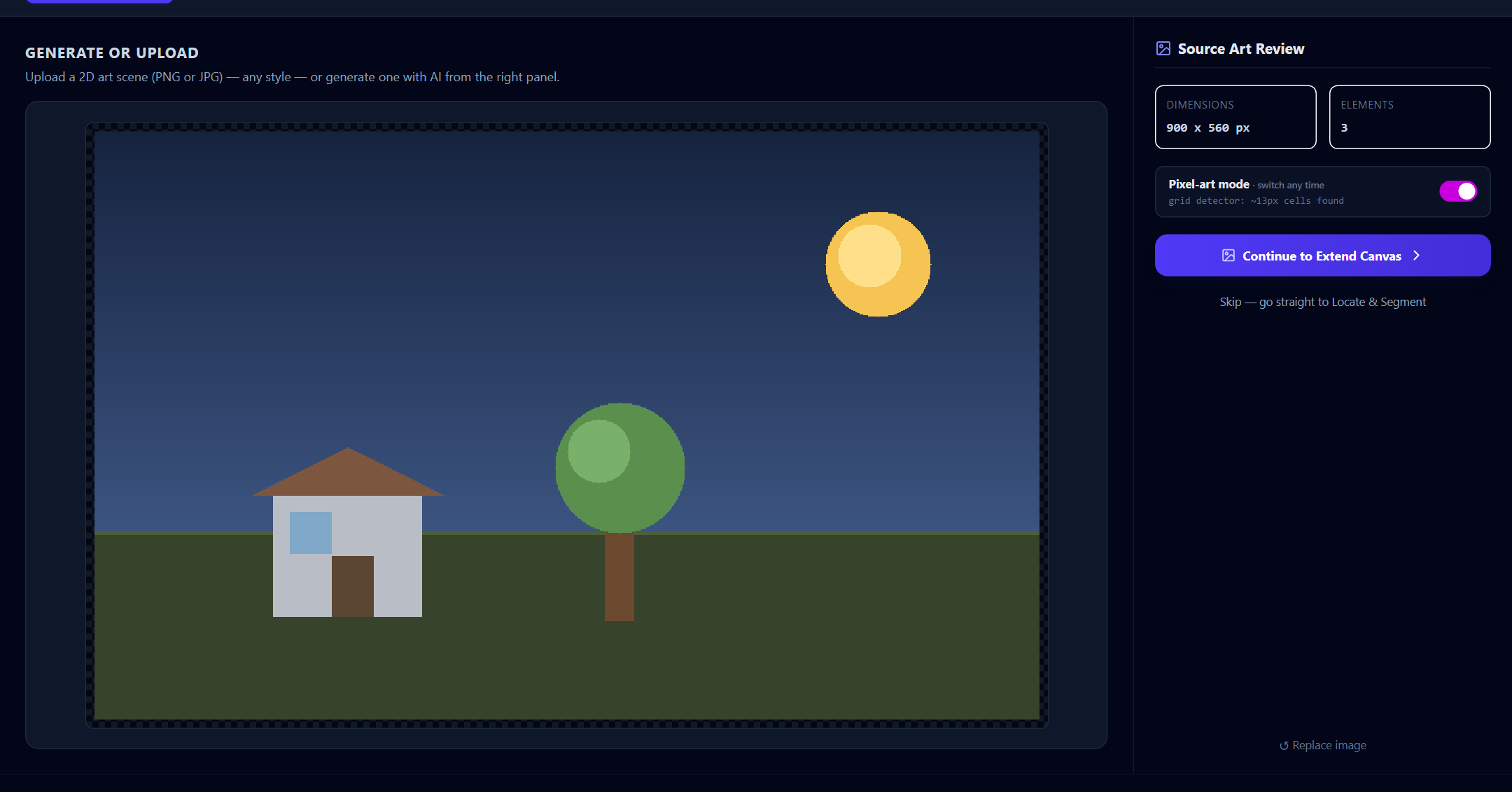 Step 1 opens on the upload drop zone; drop a PNG or JPG, or import a layered PSD.