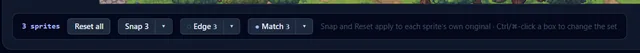 Ctrl-click several sprites and the scene readout grows the Edge and Match chips.