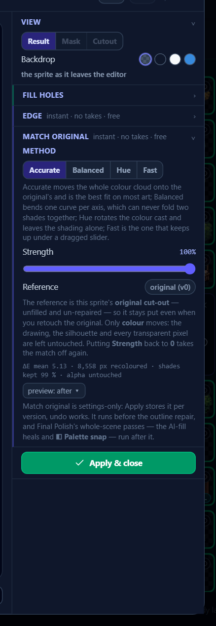 MATCH ORIGINAL on a variant: the four methods, the strength dial, the reference chip and the measured line.