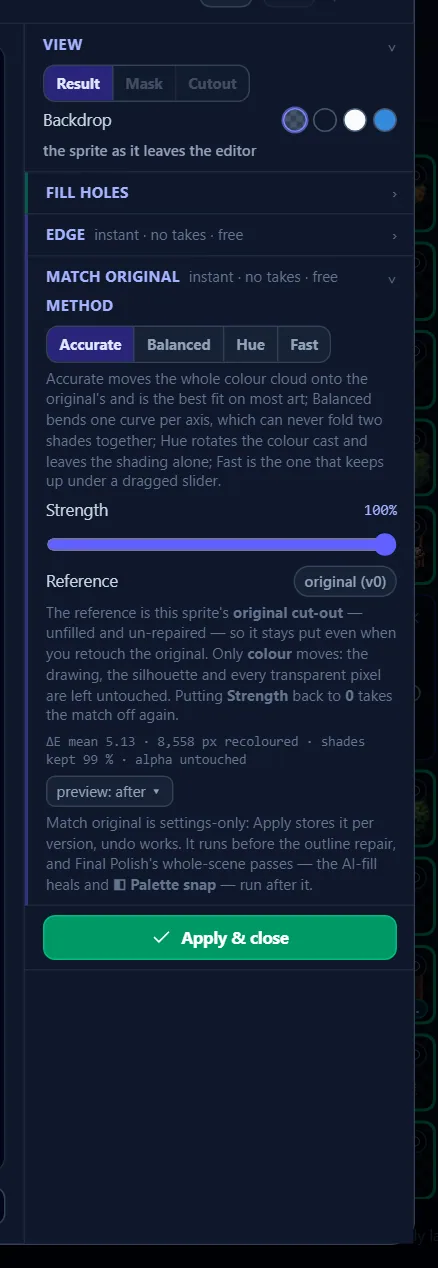 MATCH ORIGINAL on a variant: the four methods, the strength dial, the reference chip and the measured line.