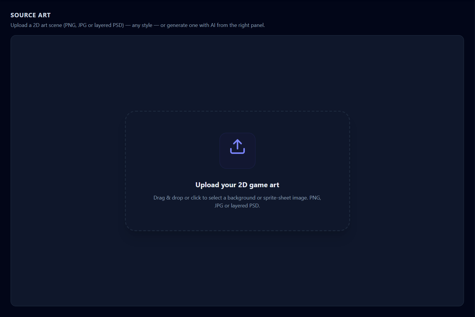 The empty left pane: one dashed dropzone that takes a flat image or a layered PSD.
