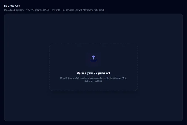 The empty left pane: one dashed dropzone that takes a flat image or a layered PSD.