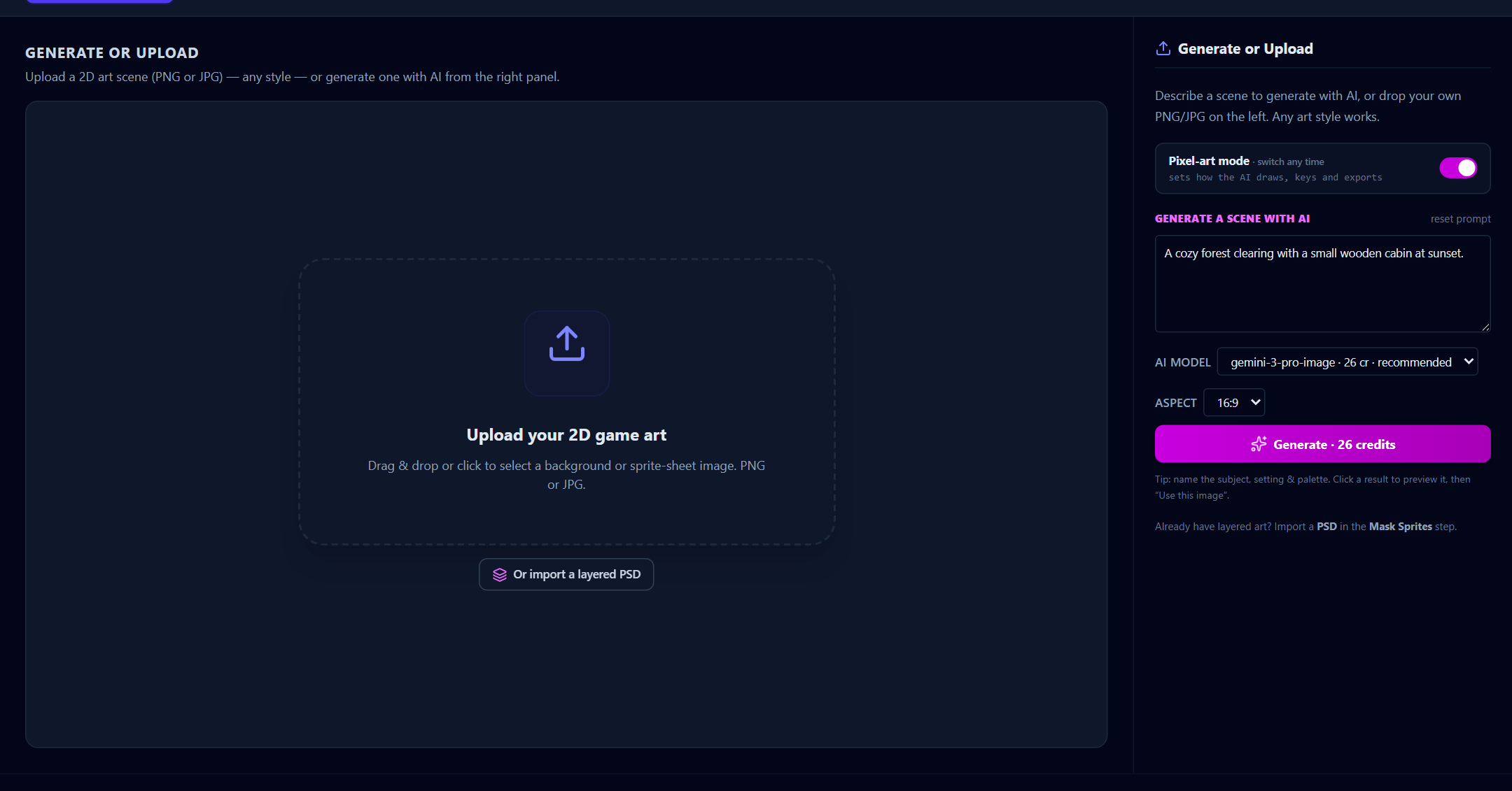 The scene-generation controls: prompt, AI model, aspect, and the credit-priced Generate button.