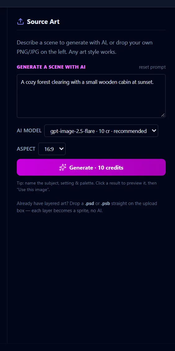 The generate panel: prompt box, AI model and Aspect pickers, and the priced Generate button.