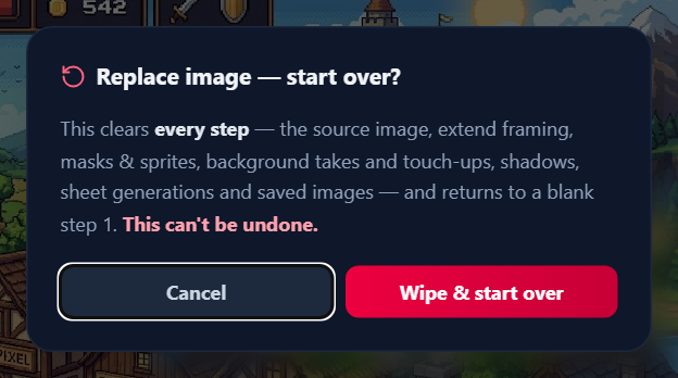 Replace image asks for confirmation before wiping every step back to a blank Step 1.