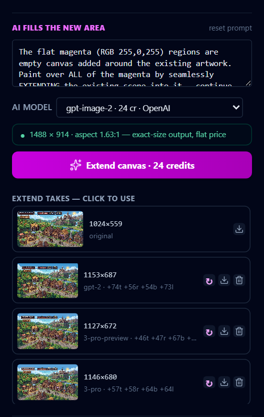 The paid part of the step: the fill prompt, the AI model with its per-image price, a green guard line, and the priced Extend button.