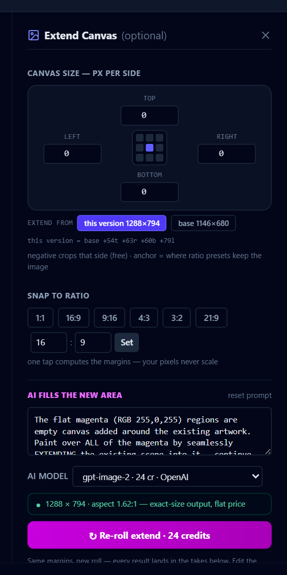 The Extend Canvas rail: per-side pixels and the anchor pad, the Extend from chips, the ratio snaps, the fill prompt, the AI model with its price, the guard line, and the primary button.