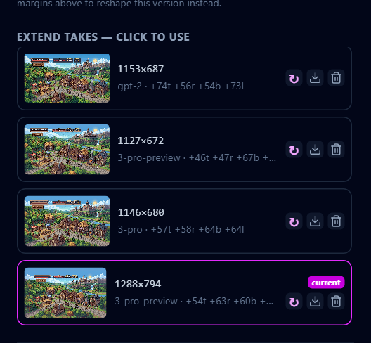 Every apply lands in the takes list — click a row to use it, roll a fresh variant, save a keeper, or delete one.