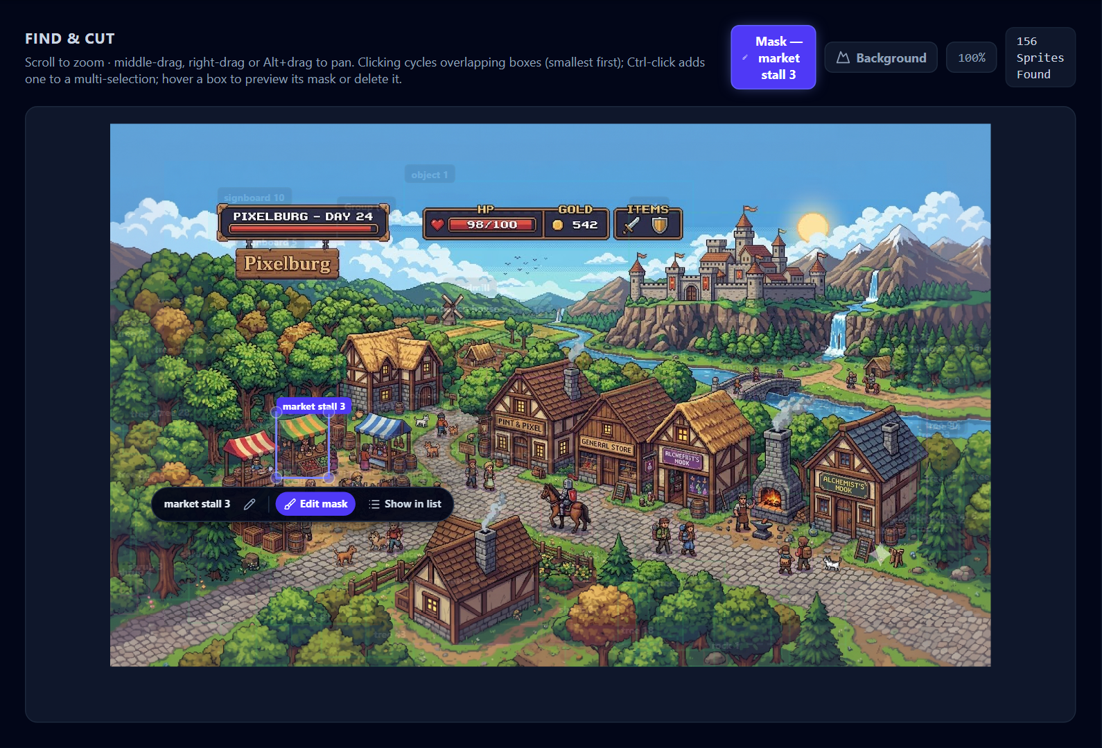 One element selected: the Mask — name button in the toolbar, the indigo box with its corner handles, and the floating Edit mask / Show in list pill.